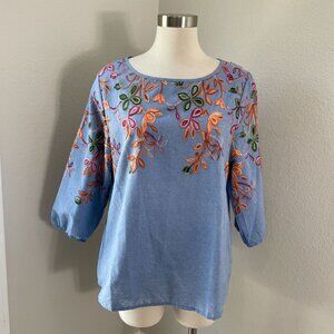 Kindred Petite PXL Embroidered Floral Blue Blouse 3/4 Sleeve Top Shirt